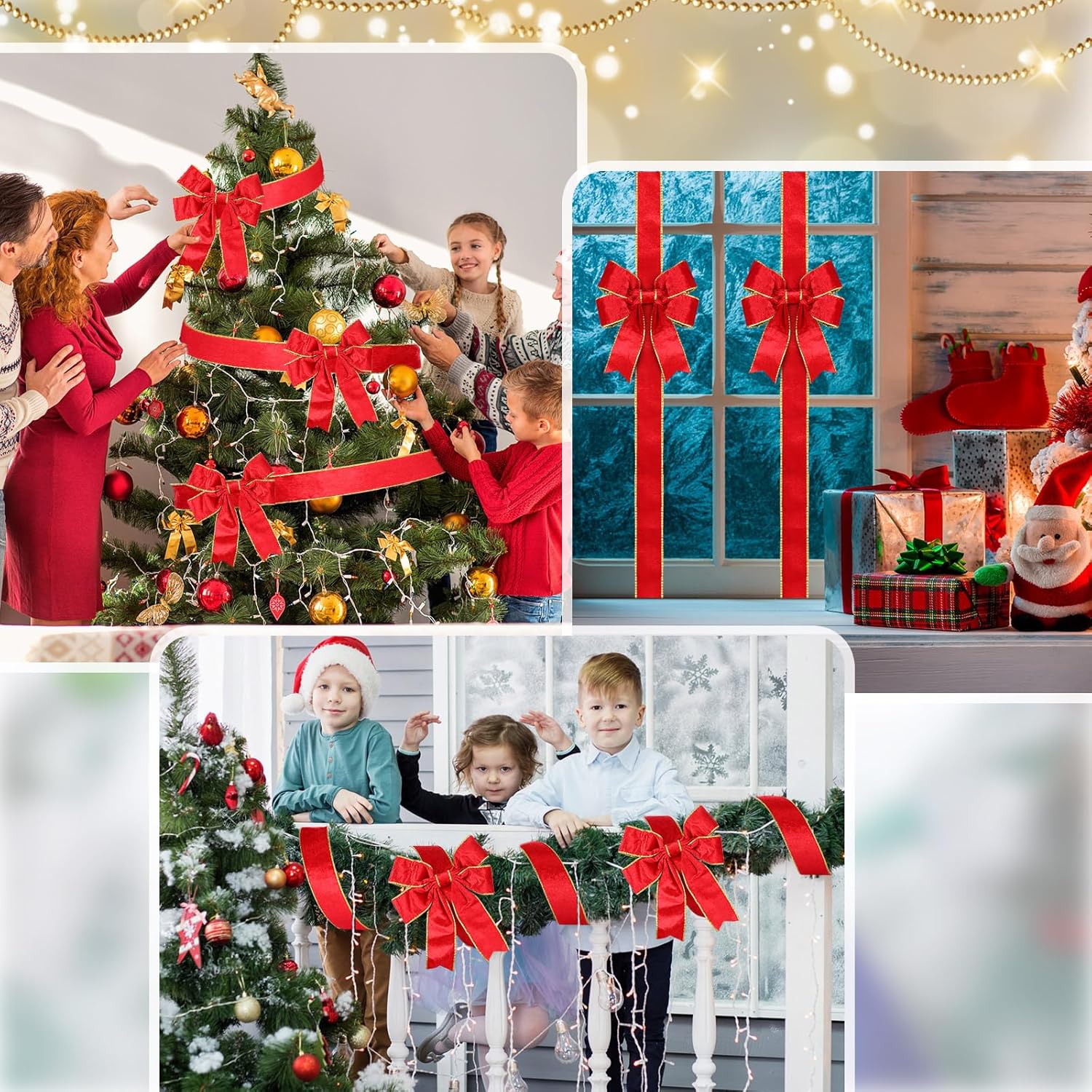 XunYee 15 Pcs Glitter Large Christmas Cabinet Ribbons Bows Thick Velvet Festive Xmas Bow Edge Burlap Door Decoration for Christmas Tree Fireplace Kitchen Gift Wrapping(Red)